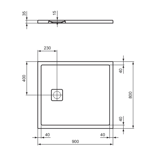 Immagine di Ideal Standard ULTRA FLAT EVO piatto doccia rettangolare L.90 P.80 cm, installazione sopra pavimento o filo pavimento, in StoneTech, antiscivolo, con scarico sul lato corto, colore bianco seta finitura opaco T5444FO
