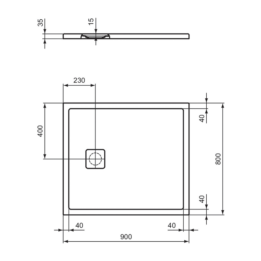 Immagine di Ideal Standard ULTRA FLAT EVO piatto doccia rettangolare L.90 P.80 cm, installazione sopra pavimento o filo pavimento, in StoneTech, antiscivolo, con scarico sul lato corto, colore bianco seta finitura opaco T5444FO