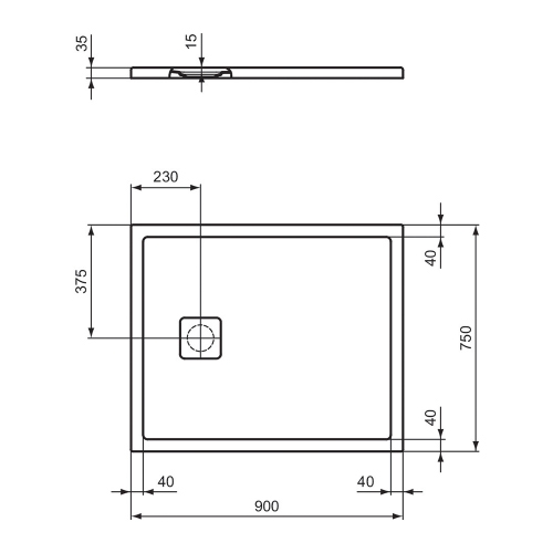 Immagine di Ideal Standard ULTRA FLAT EVO piatto doccia rettangolare L.90 P.75 cm, installazione sopra pavimento o filo pavimento, in StoneTech, antiscivolo, con scarico sul lato corto, colore bianco seta finitura opaco T5445FO