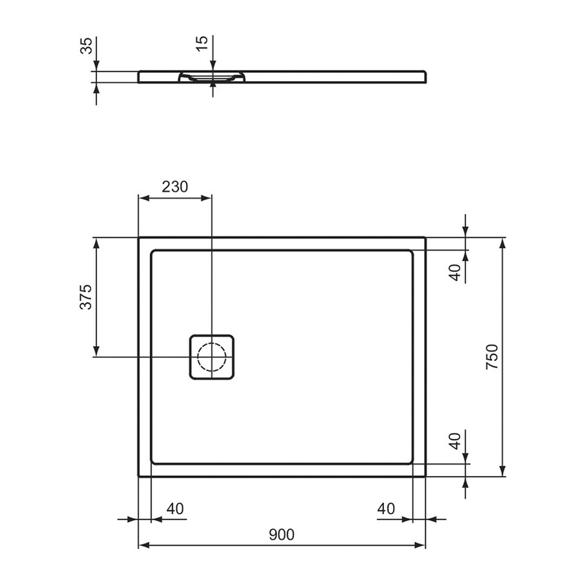 Immagine di Ideal Standard ULTRA FLAT EVO piatto doccia rettangolare L.90 P.75 cm, installazione sopra pavimento o filo pavimento, in StoneTech, antiscivolo, con scarico sul lato corto, colore bianco seta finitura opaco T5445FO