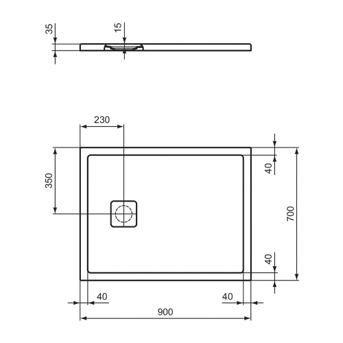 Immagine di Ideal Standard ULTRA FLAT EVO piatto doccia rettangolare L.90 P.70 cm, installazione sopra pavimento o filo pavimento, in StoneTech, antiscivolo, con scarico sul lato corto, colore bianco seta finitura opaco T5446FO