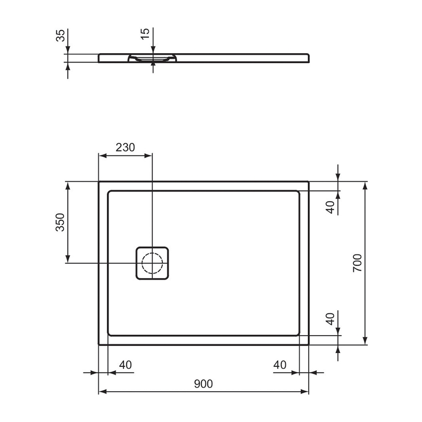 Immagine di Ideal Standard ULTRA FLAT EVO piatto doccia rettangolare L.90 P.70 cm, installazione sopra pavimento o filo pavimento, in StoneTech, antiscivolo, con scarico sul lato corto, colore bianco seta finitura opaco T5446FO