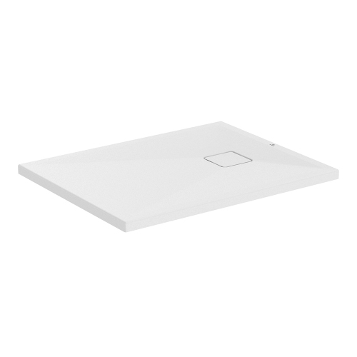 Immagine di Ideal Standard ULTRA FLAT EVO piatto doccia rettangolare L.90 P.70 cm, installazione sopra pavimento o filo pavimento, in StoneTech, antiscivolo, con scarico sul lato corto, colore bianco seta finitura opaco T5446FO