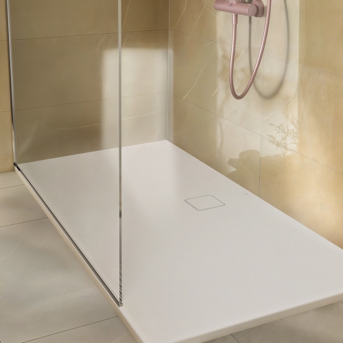 Immagine di Ideal Standard ULTRA FLAT EVO piatto doccia rettangolare L.180 P.90 cm, installazione sopra pavimento o filo pavimento, in StoneTech, antiscivolo, con scarico sul lato lungo, colore bianco seta finitura opaco T5428FO