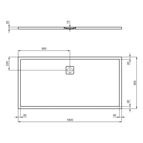 Immagine di Ideal Standard ULTRA FLAT EVO piatto doccia rettangolare L.180 P.90 cm, installazione sopra pavimento o filo pavimento, in StoneTech, antiscivolo, con scarico sul lato lungo, colore bianco seta finitura opaco T5428FO