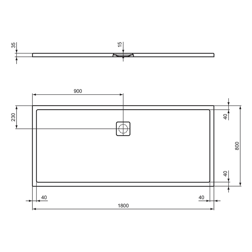 Immagine di Ideal Standard ULTRA FLAT EVO piatto doccia rettangolare L.180 P.80 cm, installazione sopra pavimento o filo pavimento, in StoneTech, antiscivolo, con scarico sul lato lungo, colore bianco seta finitura opaco T5429FO
