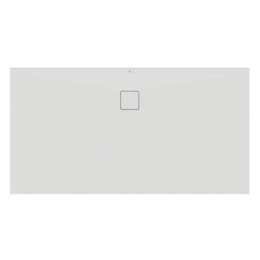 Immagine di Ideal Standard ULTRA FLAT EVO piatto doccia rettangolare L.170 P.90 cm, installazione sopra pavimento o filo pavimento, in StoneTech, antiscivolo, con scarico sul lato lungo, colore bianco seta finitura opaco T5430FO