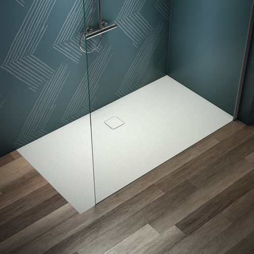 Immagine di Ideal Standard ULTRA FLAT EVO piatto doccia rettangolare L.170 P.90 cm, installazione sopra pavimento o filo pavimento, in StoneTech, antiscivolo, con scarico sul lato lungo, colore bianco seta finitura opaco T5430FO