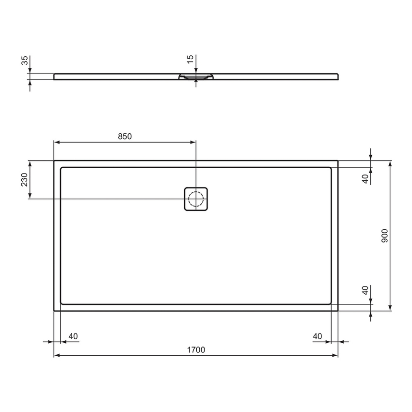 Immagine di Ideal Standard ULTRA FLAT EVO piatto doccia rettangolare L.170 P.90 cm, installazione sopra pavimento o filo pavimento, in StoneTech, antiscivolo, con scarico sul lato lungo, colore bianco seta finitura opaco T5430FO