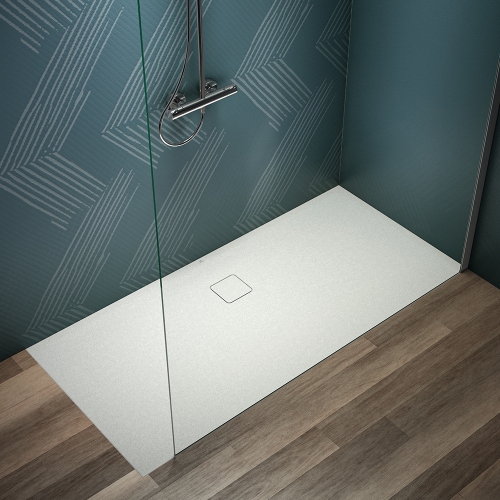 Immagine di Ideal Standard ULTRA FLAT EVO piatto doccia rettangolare L.170 P.80 cm, installazione sopra pavimento o filo pavimento, in StoneTech, antiscivolo, con scarico sul lato lungo, colore bianco seta finitura opaco T5431FO