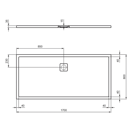 Immagine di Ideal Standard ULTRA FLAT EVO piatto doccia rettangolare L.170 P.80 cm, installazione sopra pavimento o filo pavimento, in StoneTech, antiscivolo, con scarico sul lato lungo, colore bianco seta finitura opaco T5431FO