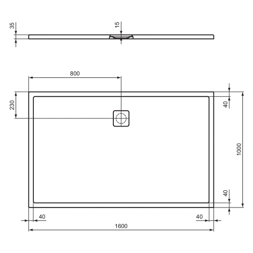 Immagine di Ideal Standard ULTRA FLAT EVO piatto doccia rettangolare L.160 P.100 cm, installazione sopra pavimento o filo pavimento, in StoneTech, antiscivolo, con scarico sul lato lungo, colore bianco seta finitura opaco T5533FO