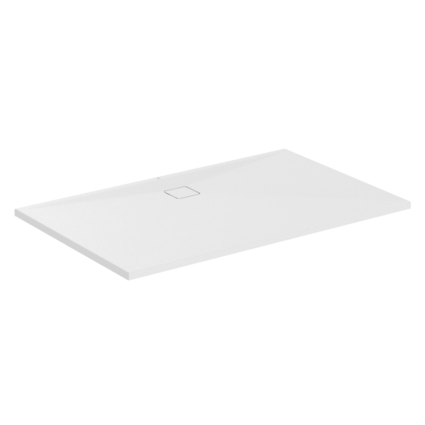 Immagine di Ideal Standard ULTRA FLAT EVO piatto doccia rettangolare L.160 P.100 cm, installazione sopra pavimento o filo pavimento, in StoneTech, antiscivolo, con scarico sul lato lungo, colore bianco seta finitura opaco T5533FO