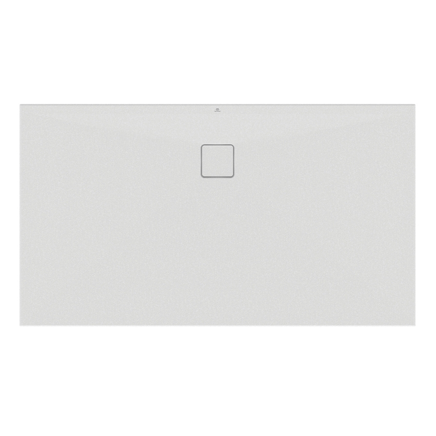 Immagine di Ideal Standard ULTRA FLAT EVO piatto doccia rettangolare L.160 P.90 cm, installazione sopra pavimento o filo pavimento, in StoneTech, antiscivolo, con scarico sul lato lungo, colore bianco seta finitura opaco T5432FO