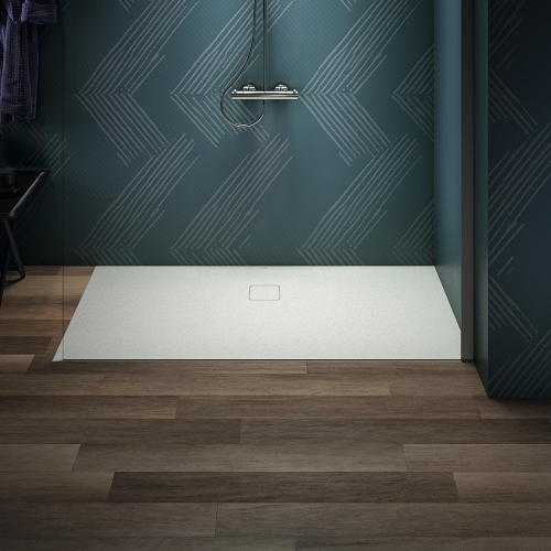 Immagine di Ideal Standard ULTRA FLAT EVO piatto doccia rettangolare L.160 P.80 cm, installazione sopra pavimento o filo pavimento, in StoneTech, antiscivolo, con scarico sul lato lungo, colore bianco seta finitura opaco T5433FO