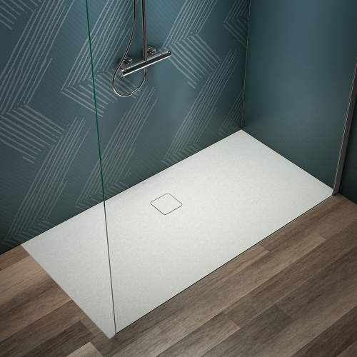Immagine di Ideal Standard ULTRA FLAT EVO piatto doccia rettangolare L.160 P.80 cm, installazione sopra pavimento o filo pavimento, in StoneTech, antiscivolo, con scarico sul lato lungo, colore bianco seta finitura opaco T5433FO