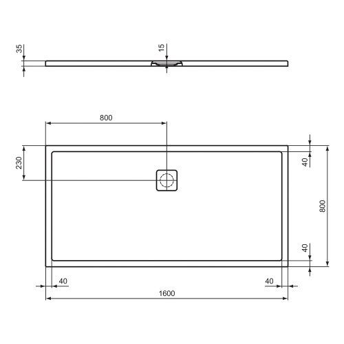Immagine di Ideal Standard ULTRA FLAT EVO piatto doccia rettangolare L.160 P.80 cm, installazione sopra pavimento o filo pavimento, in StoneTech, antiscivolo, con scarico sul lato lungo, colore bianco seta finitura opaco T5433FO