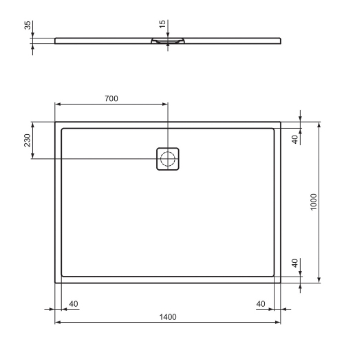 Immagine di Ideal Standard ULTRA FLAT EVO piatto doccia rettangolare L.140 P.100 cm, installazione sopra pavimento o filo pavimento, in StoneTech, antiscivolo, con scarico sul lato lungo, colore bianco seta finitura opaco T5532FO