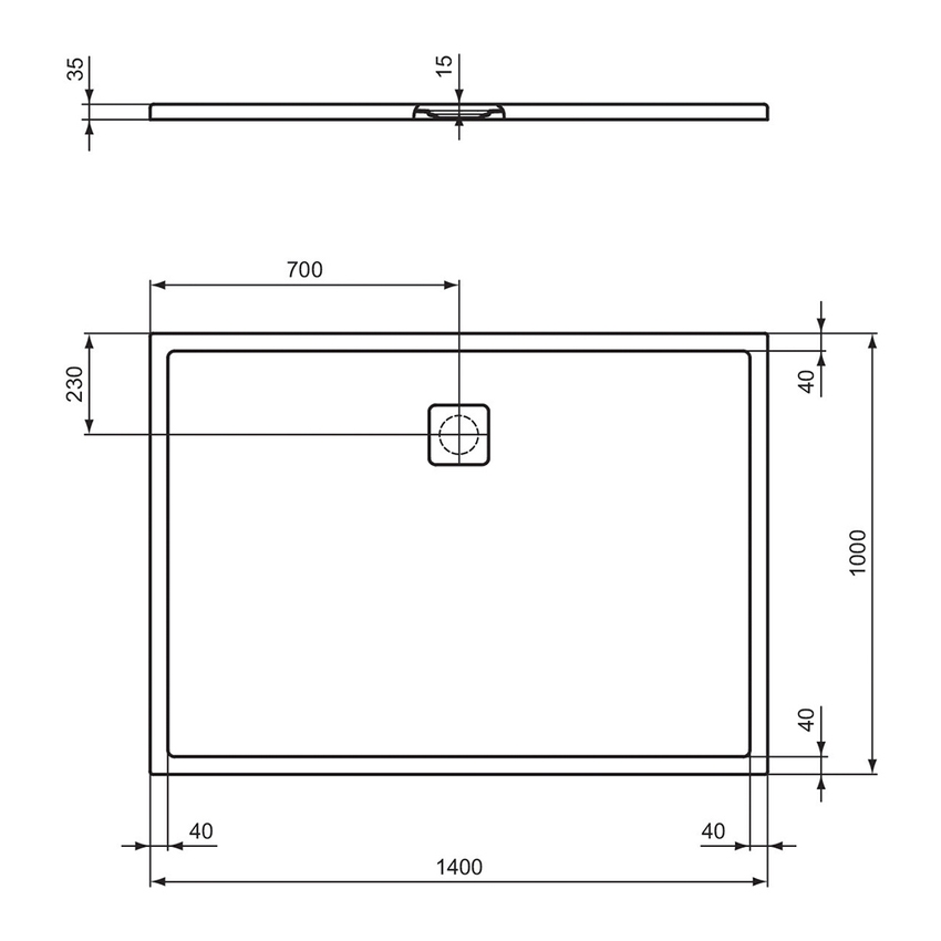 Immagine di Ideal Standard ULTRA FLAT EVO piatto doccia rettangolare L.140 P.100 cm, installazione sopra pavimento o filo pavimento, in StoneTech, antiscivolo, con scarico sul lato lungo, colore bianco seta finitura opaco T5532FO