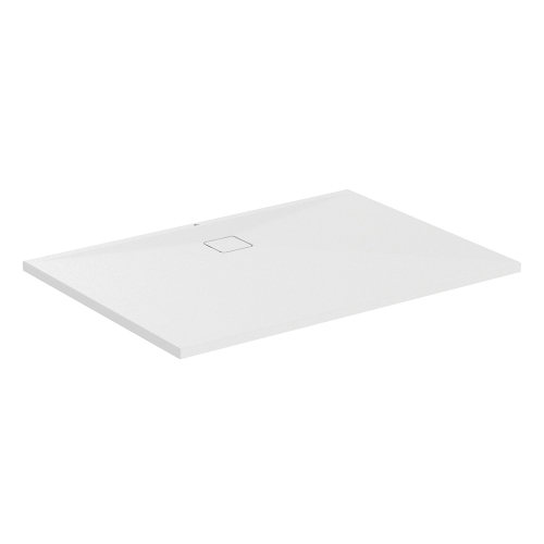 Immagine di Ideal Standard ULTRA FLAT EVO piatto doccia rettangolare L.140 P.100 cm, installazione sopra pavimento o filo pavimento, in StoneTech, antiscivolo, con scarico sul lato lungo, colore bianco seta finitura opaco T5532FO