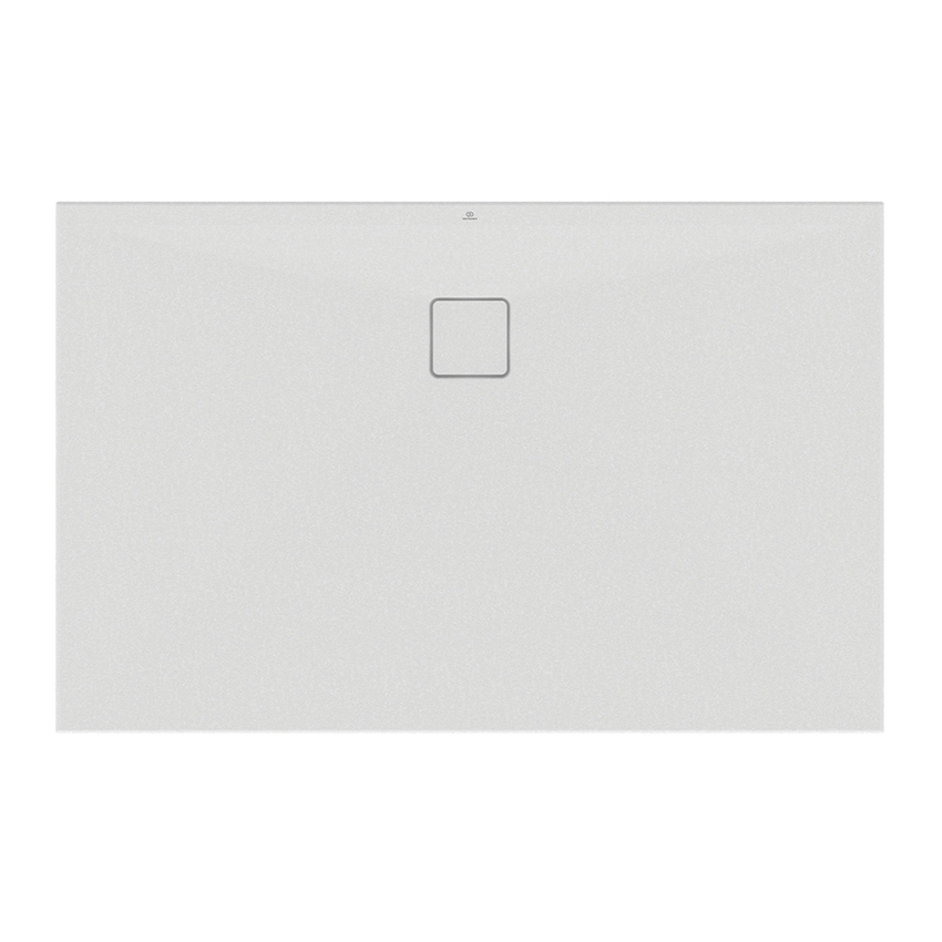Immagine di Ideal Standard ULTRA FLAT EVO piatto doccia rettangolare L.140 P.90 cm, installazione sopra pavimento o filo pavimento, in StoneTech, antiscivolo, con scarico sul lato lungo, colore bianco seta finitura opaco T5434FO