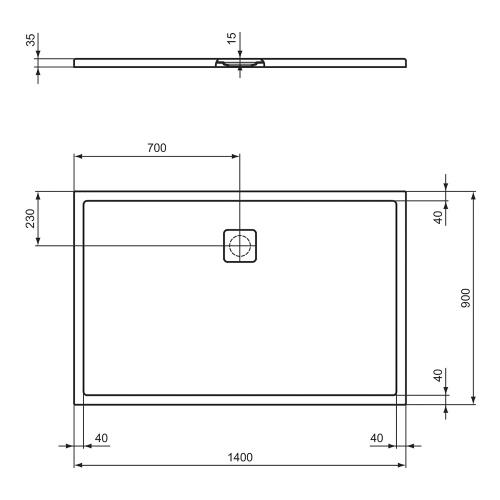 Immagine di Ideal Standard ULTRA FLAT EVO piatto doccia rettangolare L.140 P.90 cm, installazione sopra pavimento o filo pavimento, in StoneTech, antiscivolo, con scarico sul lato lungo, colore bianco seta finitura opaco T5434FO