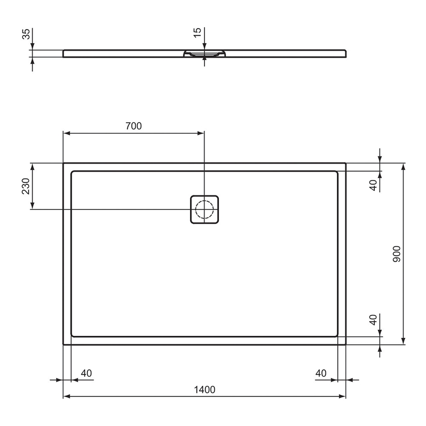Immagine di Ideal Standard ULTRA FLAT EVO piatto doccia rettangolare L.140 P.90 cm, installazione sopra pavimento o filo pavimento, in StoneTech, antiscivolo, con scarico sul lato lungo, colore bianco seta finitura opaco T5434FO