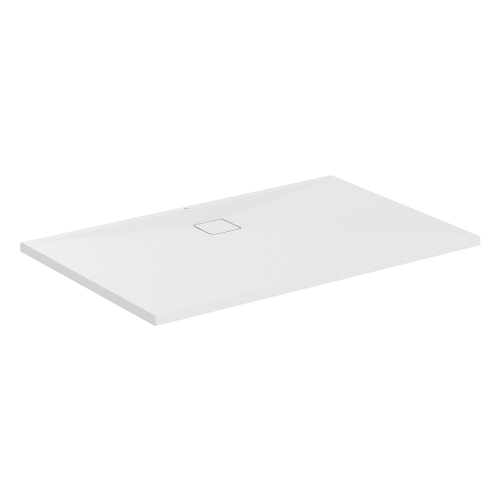 Immagine di Ideal Standard ULTRA FLAT EVO piatto doccia rettangolare L.140 P.90 cm, installazione sopra pavimento o filo pavimento, in StoneTech, antiscivolo, con scarico sul lato lungo, colore bianco seta finitura opaco T5434FO