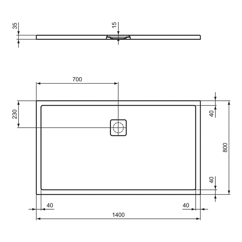 Immagine di Ideal Standard ULTRA FLAT EVO piatto doccia rettangolare L.140 P.80 cm, installazione sopra pavimento o filo pavimento, in StoneTech, antiscivolo, con scarico sul lato lungo, colore bianco seta finitura opaco T5435FO