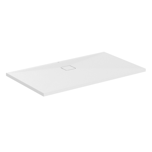 Immagine di Ideal Standard ULTRA FLAT EVO piatto doccia rettangolare L.140 P.80 cm, installazione sopra pavimento o filo pavimento, in StoneTech, antiscivolo, con scarico sul lato lungo, colore bianco seta finitura opaco T5435FO