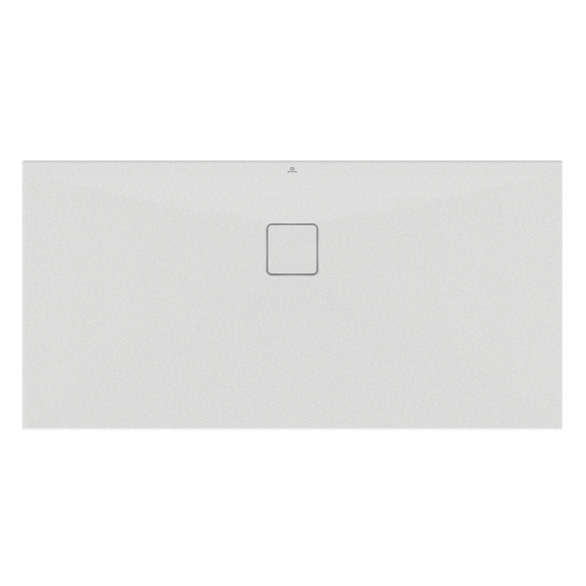 Immagine di Ideal Standard ULTRA FLAT EVO piatto doccia rettangolare L.140 P.70 cm, installazione sopra pavimento o filo pavimento, in StoneTech, antiscivolo, con scarico sul lato lungo, colore bianco seta finitura opaco T5436FO