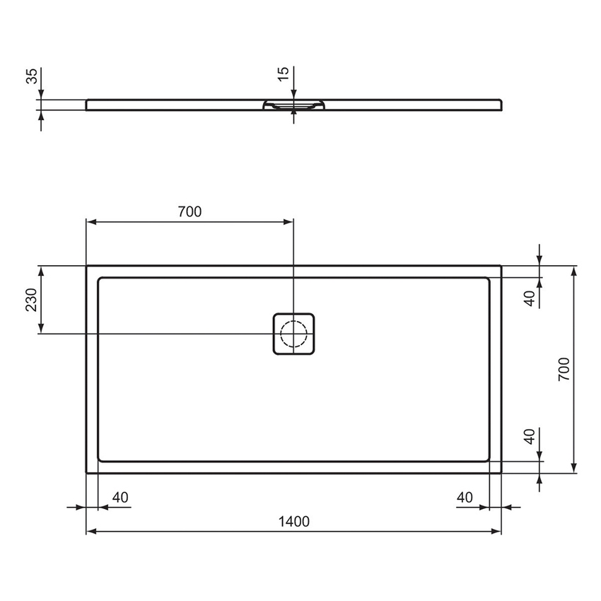 Immagine di Ideal Standard ULTRA FLAT EVO piatto doccia rettangolare L.140 P.70 cm, installazione sopra pavimento o filo pavimento, in StoneTech, antiscivolo, con scarico sul lato lungo, colore bianco seta finitura opaco T5436FO