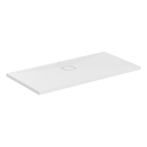 Immagine di Ideal Standard ULTRA FLAT EVO piatto doccia rettangolare L.140 P.70 cm, installazione sopra pavimento o filo pavimento, in StoneTech, antiscivolo, con scarico sul lato lungo, colore bianco seta finitura opaco T5436FO