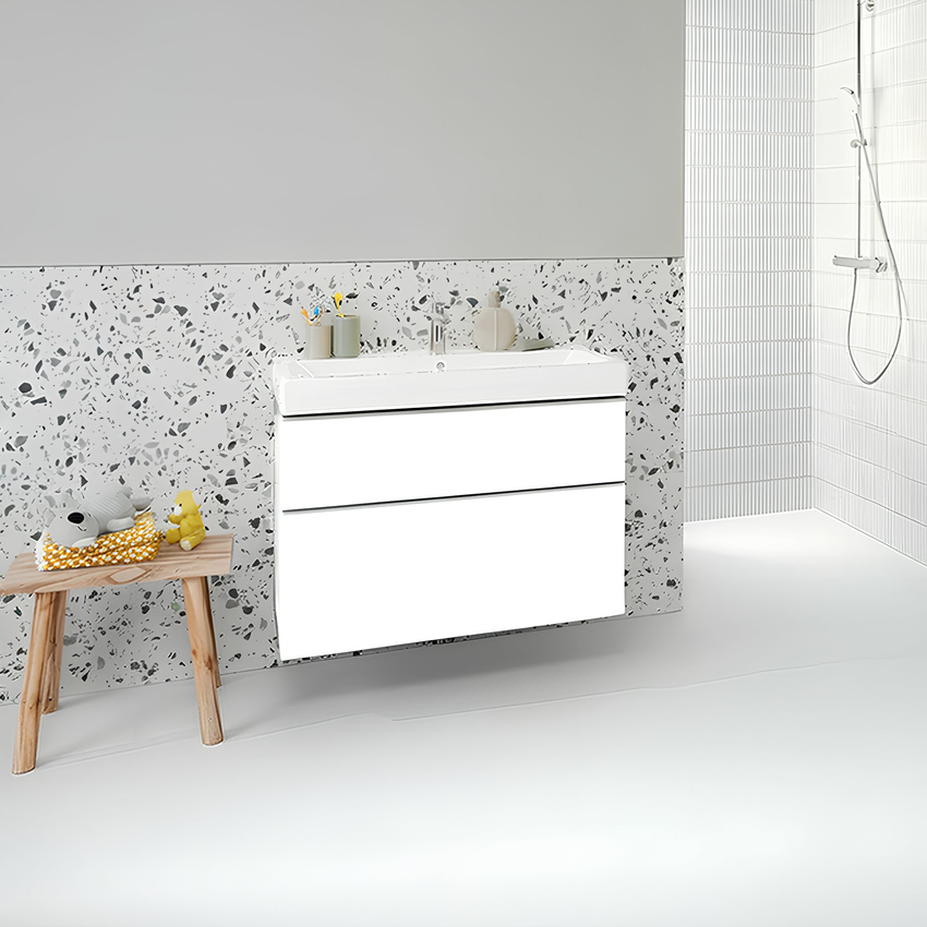 Immagine di Geberit ICON set L.90 cm con lavabo monoforo, colore bianco finitura lucido e mobile sottolavabo sospeso, con 2 cassetti, colore bianco finitura lucido 502.305.01.1-501.836.00.1