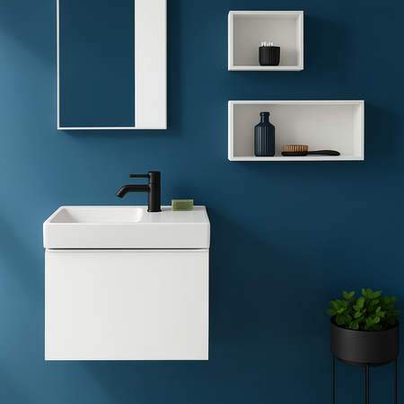 Immagine di Geberit ICON set L.53 cm con lavamani monoforo, ripiano per rubinetteria a destra, colore bianco finitura lucido e mobile sospeso, con 1 cassetto, colore bianco finitura lucido 501.832.00.1-502.302.01.1