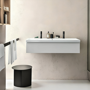 Immagine di Geberit ICON set L.120 cm con lavabo doppio foro, colore bianco finitura lucido e mobile sottolavabo sospeso, con 1 cassetto, colore bianco finitura lucido 501.837.00.1-502.313.01.1