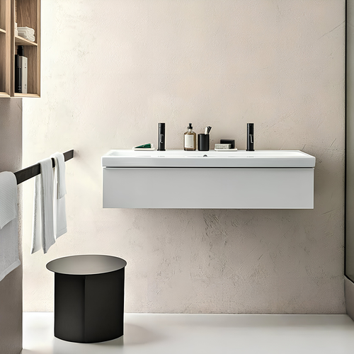 Immagine di Geberit ICON set L.120 cm con lavabo doppio foro, colore bianco finitura lucido e mobile sottolavabo sospeso, con 1 cassetto, colore bianco finitura lucido 501.837.00.1-502.313.01.1