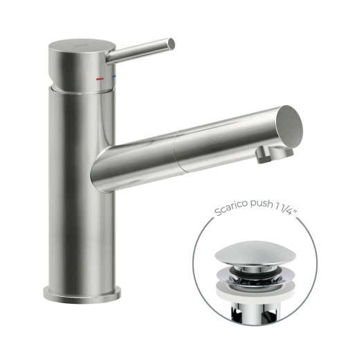 Immagine di Nobili LIVE miscelatore lavabo monocomando con doccetta estraibile, con scarico 1 1/4” push, finitura inox LV00118/40IX