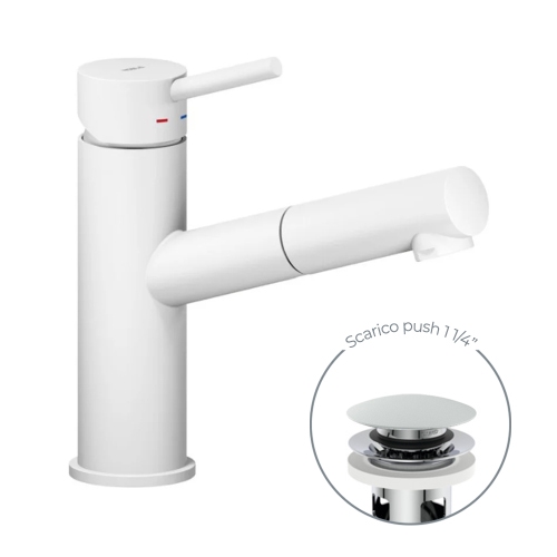 Immagine di Nobili LIVE miscelatore lavabo monocomando con doccetta estraibile, con scarico 1 1/4” push, finitura polar white LV00118/40WM