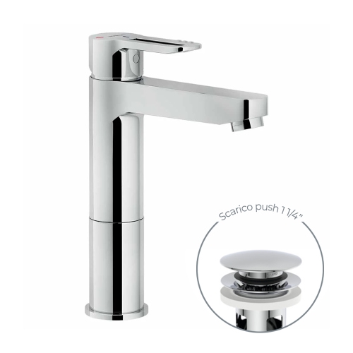 Immagine di Nobili NEW ROAD miscelatore lavabo monocomando H.22 cm a bacinella a risparmio idrico ed energetico, scarico 1 1/4” push, finitura cromo RDH00158/2CR