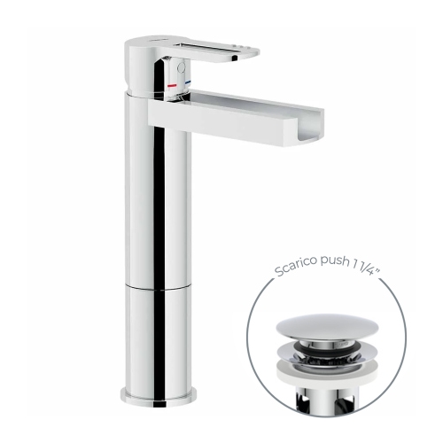 Immagine di Nobili NEW ROAD miscelatore lavabo monocomando H.23 cm a bacinella con bocca a cascata, con scarico 1 1/4” push, finitura cromo RDC0158/2CR
