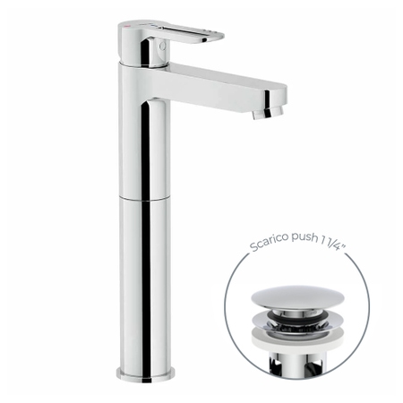 Immagine di Nobili NEW ROAD miscelatore lavabo monocomando H.30 cm a bacinella a risparmio idrico ed energetico, con scarico 1 1/4” push, finitura cromo RDH00128/2CR