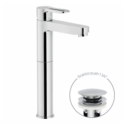 Immagine di Nobili NEW ROAD miscelatore lavabo monocomando H.30 cm a bacinella a risparmio idrico ed energetico, con scarico 1 1/4” push, finitura cromo RDH00128/2CR