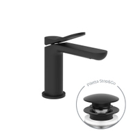 Immagine di Gessi VIA MERAVIGLI miscelatore monocomando H.15 cm per lavabo, con scarico Stop&Go e flessibili, colore nero finitura opaco 56051#299