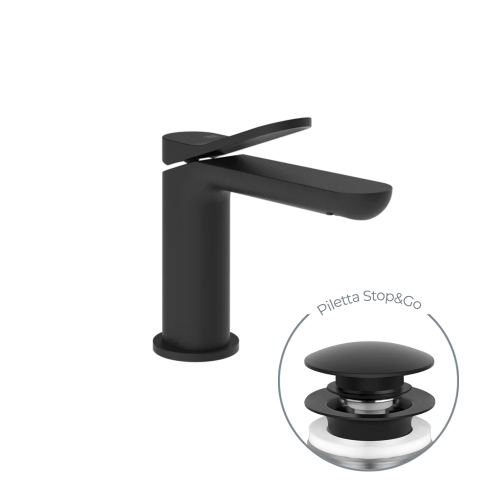 Immagine di Gessi VIA MERAVIGLI miscelatore monocomando H.15 cm per lavabo, con scarico Stop&Go e flessibili, colore nero finitura opaco 56051#299