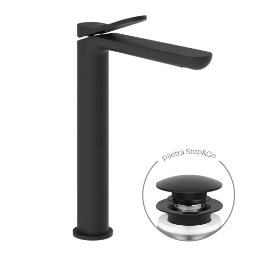 Immagine di Gessi VIA MERAVIGLI miscelatore monocomando H.30 cm per lavabo, con scarico Stop&Go e flessibili, colore nero finitura opaco 56053#299