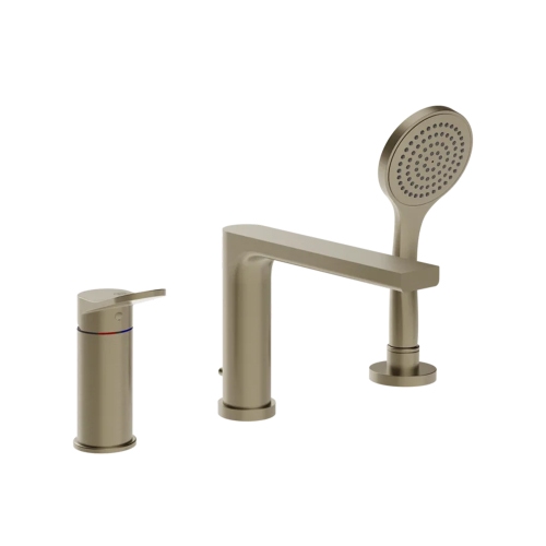 Immagine di Gessi VIA MERAVIGLI gruppo bordo vasca a tre fori, con bocca vasca e doccetta, finitura finox brushed nickel 56037#149