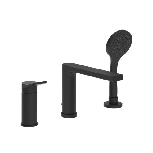 Immagine di Gessi VIA MERAVIGLI gruppo bordo vasca a tre fori, con bocca vasca e doccetta, colore nero finitura opaco 56037#299