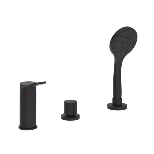 Immagine di Gessi VIA MERAVIGLI gruppo bordo vasca a tre fori, con doccetta e deviatore, colore nero finitura opaco 56043#299
