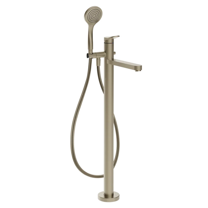 Immagine di Gessi VIA MERAVIGLI miscelatore freestanding per vasca, senza corpo incasso, con doccetta e deviatore automatico, finitura finox brushed nickel 56028#149